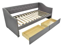 ModernLuxe Bed Met Slaaplade-Onderschuifbed, Linnen Slaapbank 90X200Cm Met 2 Lades En Lattenbodem En - Grijs