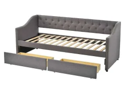 ModernLuxe Bed Met Slaaplade-Onderschuifbed, Linnen Slaapbank 90X200Cm Met 2 Lades En Lattenbodem En - Grijs