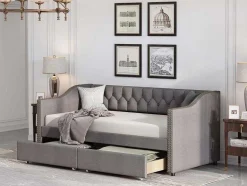 ModernLuxe Bed Met Slaaplade-Onderschuifbed, Linnen Slaapbank 90X200Cm Met 2 Lades En Lattenbodem En - Grijs