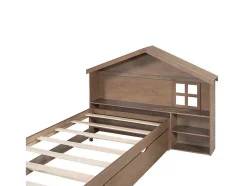 ModernLuxe Bed Met Slaaplade-Onderschuifbed Voor Kinderen - 90X200Cm - Hoofdeinde In Huisvorm - Massief Hout - Bruin
