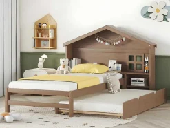 ModernLuxe Bed Met Slaaplade-Onderschuifbed Voor Kinderen - 90X200Cm - Hoofdeinde In Huisvorm - Massief Hout - Bruin