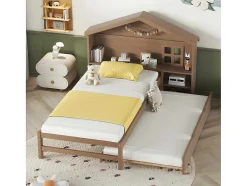ModernLuxe Bed Met Slaaplade-Onderschuifbed Voor Kinderen - 90X200Cm - Hoofdeinde In Huisvorm - Massief Hout - Bruin