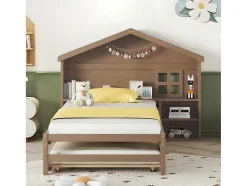 ModernLuxe Bed Met Slaaplade-Onderschuifbed Voor Kinderen - 90X200Cm - Hoofdeinde In Huisvorm - Massief Hout - Bruin