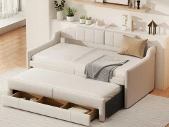ModernLuxe Aanbiedingen: Slaapkamer & Kantoor-Onderschuifbed 90X200Cm + 90X190Cm - Gestoffeerde Slaapbank Met Lades - Katoenlinnenstof - Beige