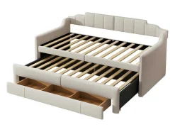 ModernLuxe Aanbiedingen: Slaapkamer & Kantoor-Onderschuifbed 90X200Cm + 90X190Cm - Gestoffeerde Slaapbank Met Lades - Katoenlinnenstof - Beige