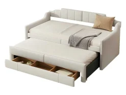 ModernLuxe Aanbiedingen: Slaapkamer & Kantoor-Onderschuifbed 90X200Cm + 90X190Cm - Gestoffeerde Slaapbank Met Lades - Katoenlinnenstof - Beige