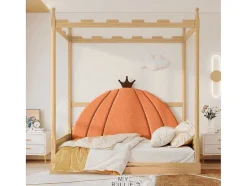 ModernLuxe Kinderbed-Onderschuifbed 140X200Cm In Massief Grenen - Fluwelen Hoofdeinde - Oranje & Wit