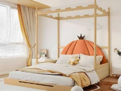 ModernLuxe Kinderbed-Onderschuifbed 140X200Cm In Massief Grenen - Fluwelen Hoofdeinde - Oranje & Wit