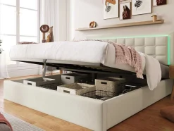 Vente-unique Aanbiedingen: Slaapkamer & Kantoor-Opbergbed 180 X 200 Cm - Pu Leer - Led'S - Lattenbodem - Wit