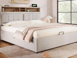 ModernLuxe Aanbiedingen: Slaapkamer & Kantoor-Opbergbed 160X200Cm In Linnenstof Met Usb-Poort - Verstelbaar Hoofdeinde En Lattenbodem - Beige