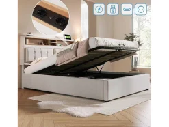 ModernLuxe Aanbiedingen: Slaapkamer & Kantoor-Opbergbed 160X200Cm In Linnenstof Met Usb-Poort - Verstelbaar Hoofdeinde En Lattenbodem - Beige