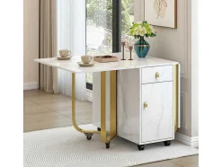 ModernLuxe Eettafel-Opklapbare Eettafel Op Wielen - Met Opbergruimte - Wit & Goud