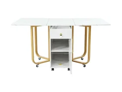 ModernLuxe Eettafel-Opklapbare Eettafel Op Wielen - Met Opbergruimte - Wit & Goud