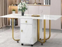 ModernLuxe Eettafel-Opklapbare Eettafel Op Wielen - Met Opbergruimte - Wit & Goud