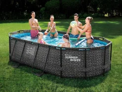 Vente-unique Zwembad-Ovaal Donkergrijs Buizenzwembad Met Visgraatmotief En Filterpomp Met Patroon - L424 X D250 X H100 Cm - Salamanque