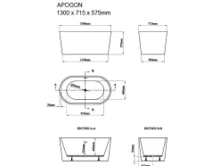 Shower & Design Vrijstaand Bad-Ovalen Losstaand Bad - 180 L - 130 X 71 X 58 Cm - Wit - Acryl - Apogon