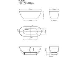 Shower & Design Vrijstaand Bad-Ovalen Vrijstaand Bad - 240 L - 170 X 75 X 60 Cm - Wit - Acryl - Mobula