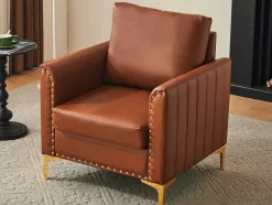 Vente-unique Fauteuil Kunstleer-Pu Lederen Fauteuil Met Kussen - Metalen Poten - Bruin