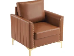 Vente-unique Fauteuil Kunstleer-Pu Lederen Fauteuil Met Kussen - Metalen Poten - Bruin