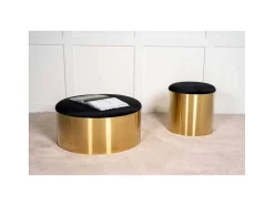 Venture Home Poef-Puff Poef, Hocker O45Cm Velours Zwart, Messing.