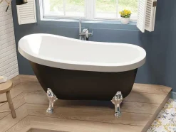 Shower & Design Vrijstaand Bad Op Pootjes-Retro Eilandbad Met Zilveren Leeuwenpoten - 171 L - 145 X 74 X 77 Cm - Zwart Mat - Nisos