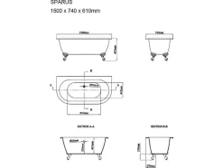 Shower & Design Halfvrijstaand Bad-Retro Halflosstaand Bad Met Poten - 154 L - 150 X 74 X 61 Cm - Wit - Acryl - Sparus