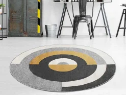 OZAIA Woonkamertapijt-Rond Designtapijt Met Geometrische Motieven Alborg - D. 160 Cm - Grijs En Oker