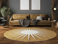 OZAIA Tapijt Rond-Rond Tapijt Zon Met Relief - D200 Cm - Mosterdgeel En Wit - Luminio