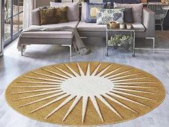OZAIA Tapijt Rond-Rond Tapijt Zon Met Relief - D200 Cm - Mosterdgeel En Wit - Luminio