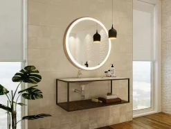 OZAIA Accessoires & Spiegels-Ronde Badkamerspiegel Met Ledverlichting En Goudkleurige Lijst Diameter 80 Cm Numea