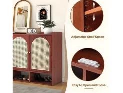 ModernLuxe Schoenenkast-Rotan Opbergmeubel - 3 Gebogen Rotan Deuren En 4 Open Opbergruimtes - Bruin