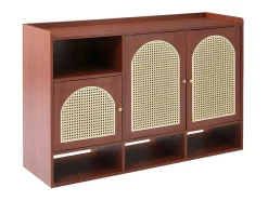ModernLuxe Schoenenkast-Rotan Opbergmeubel - 3 Gebogen Rotan Deuren En 4 Open Opbergruimtes - Bruin