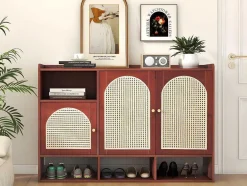 ModernLuxe Schoenenkast-Rotan Opbergmeubel - 3 Gebogen Rotan Deuren En 4 Open Opbergruimtes - Bruin