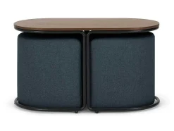 Vente-unique Salontafel-Salontafel + 2 Poefs Van Stof - Naturel En Blauw - Adar