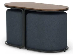 Vente-unique Salontafel-Salontafel + 2 Poefs Van Stof - Naturel En Blauw - Adar
