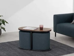 Vente-unique Salontafel-Salontafel + 2 Poefs Van Stof - Naturel En Blauw - Adar