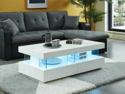 Vente-unique Salontafel-Salontafel Fabio - Wit Gelakt Mdf - Leds - 2 Lades En 2 Nissen