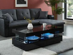 Vente-unique Salontafel-Salontafel Fabio - Zwart Gelakt Mdf - Met Leds - 2 Lades En 2 Nissen