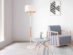 OZAIA Staande Lamp-Scandinavische Staande Lamp Van Metaal, Linnen En Hevea - D44 X H164 Cm - Naturel En Wit - Addis