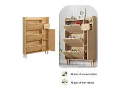 ModernLuxe Schoenenkast-Schoenenkast In Hout En Rotan - 3 Klepdeuren En 1 Lade - Verstelbare Plank - Naturel