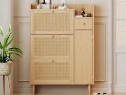 ModernLuxe Schoenenkast-Schoenenkast In Hout En Rotan - 3 Klepdeuren En 1 Lade - Verstelbare Plank - Naturel