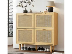ModernLuxe Schoenenkast-Schoenenkast In Hout En Rotan - 4 Klepdeuren - Naturel