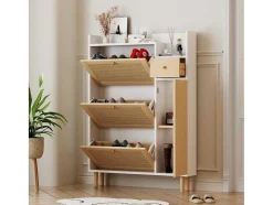 ModernLuxe Schoenenkast-Schoenenkast In Hout En Rotan - 3 Klepdeuren En 1 Lade - Verstelbare Plank - Naturel & Wit