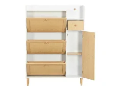 ModernLuxe Schoenenkast-Schoenenkast In Hout En Rotan - 3 Klepdeuren En 1 Lade - Verstelbare Plank - Naturel & Wit