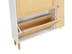 ModernLuxe Schoenenkast-Schoenenkast In Hout En Rotan - 3 Klepdeuren En 1 Lade - Verstelbare Plank - Naturel & Wit