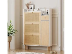 Vente-unique Schoenenkast-Schoenenkast Met 3 Klepdeuren En 1 Lade Afmeting 90L X 17B X 125H Cm Houtlook Rotan Rieteffect Kleur Wit + Eiken