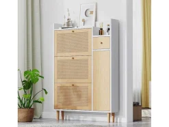Vente-unique Schoenenkast-Schoenenkast Met 3 Klepdeuren En 1 Lade Afmeting 90L X 17B X 125H Cm Houtlook Rotan Rieteffect Kleur Wit + Eiken