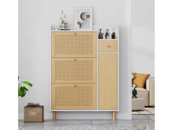 Vente-unique Schoenenkast-Schoenenkast Met 3 Klepdeuren En 1 Lade Afmeting 90L X 17B X 125H Cm Houtlook Rotan Rieteffect Kleur Wit + Eiken