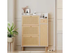 Vente-unique Schoenenkast-Schoenenkast Met 3 Klepdeuren En 1 Lade Afmeting 90L X 17B X 125H Cm Houtlook Rotan Rieteffect Kleur Wit + Eiken