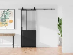 Vente-unique Schuifdeur-Schuifdeur Werkplaatsstijl Met Rails - Zwart En Mat Gehard Glas - H205 Cm X L93 Cm - Artisto Ii
